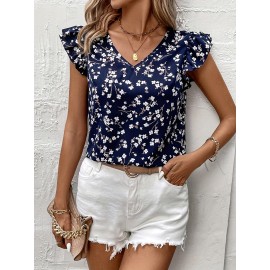 Blusa de Manga Curta em Poliéster 100%, Lavável à Máquina, Estampa Florais Brancos sobre Azul Marinho, Corte Regular e Confortável para Primavera/Verão | Estilo Casual e Feminino, Ideal para Uso ao Ar Livre