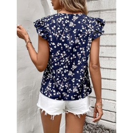 Blusa de Manga Curta em Poliéster 100%, Lavável à Máquina, Estampa Florais Brancos sobre Azul Marinho, Corte Regular e Confortável para Primavera/Verão | Estilo Casual e Feminino, Ideal para Uso ao Ar Livre