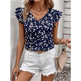 Blusa de Manga Curta em Poliéster 100%, Lavável à Máquina, Estampa Florais Brancos sobre Azul Marinho, Corte Regular e Confortável para Primavera/Verão | Estilo Casual e Feminino, Ideal para Uso ao Ar Livre