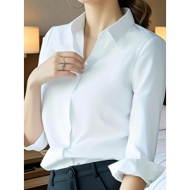 Camisa Feminina Retro Francesa de Manga Longa - Blusa Branca com Botões e Gola Pontuda, Top Clássico Elegante para Escritório e Casual Primavera/Outono, Tecido Não Elástico, Estilo Vintage
