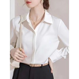 Camisa Feminina Retro Francesa de Manga Longa - Blusa Branca com Botões e Gola Pontuda, Top Clássico Elegante para Escritório e Casual Primavera/Outono, Tecido Não Elástico, Estilo Vintage