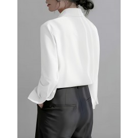 Camisa Feminina Retro Francesa de Manga Longa - Blusa Branca com Botões e Gola Pontuda, Top Clássico Elegante para Escritório e Casual Primavera/Outono, Tecido Não Elástico, Estilo Vintage