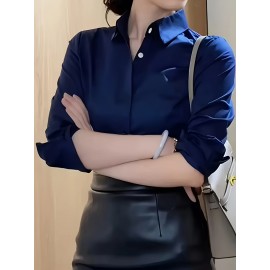 Camisa Feminina Retro Francesa de Manga Longa - Blusa Branca com Botões e Gola Pontuda, Top Clássico Elegante para Escritório e Casual Primavera/Outono, Tecido Não Elástico, Estilo Vintage