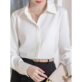 Camisa Feminina Retro Francesa de Manga Longa - Blusa Branca com Botões e Gola Pontuda, Top Clássico Elegante para Escritório e Casual Primavera/Outono, Tecido Não Elástico, Estilo Vintage