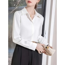 Camisa Feminina Retro Francesa de Manga Longa - Blusa Branca com Botões e Gola Pontuda, Top Clássico Elegante para Escritório e Casual Primavera/Outono, Tecido Não Elástico, Estilo Vintage