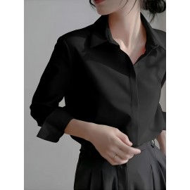 Camisa Feminina Retro Francesa de Manga Longa - Blusa Branca com Botões e Gola Pontuda, Top Clássico Elegante para Escritório e Casual Primavera/Outono, Tecido Não Elástico, Estilo Vintage