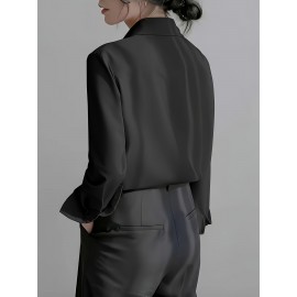 Camisa Feminina Retro Francesa de Manga Longa - Blusa Branca com Botões e Gola Pontuda, Top Clássico Elegante para Escritório e Casual Primavera/Outono, Tecido Não Elástico, Estilo Vintage