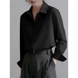 Camisa Feminina Retro Francesa de Manga Longa - Blusa Branca com Botões e Gola Pontuda, Top Clássico Elegante para Escritório e Casual Primavera/Outono, Tecido Não Elástico, Estilo Vintage