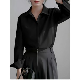 Camisa Feminina Retro Francesa de Manga Longa - Blusa Branca com Botões e Gola Pontuda, Top Clássico Elegante para Escritório e Casual Primavera/Outono, Tecido Não Elástico, Estilo Vintage