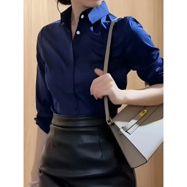 Camisa Feminina Retro Francesa de Manga Longa - Blusa Branca com Botões e Gola Pontuda, Top Clássico Elegante para Escritório e Casual Primavera/Outono, Tecido Não Elástico, Estilo Vintage