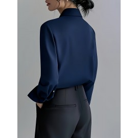 Camisa Feminina Retro Francesa de Manga Longa - Blusa Branca com Botões e Gola Pontuda, Top Clássico Elegante para Escritório e Casual Primavera/Outono, Tecido Não Elástico, Estilo Vintage