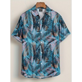 Camisa Feminina com Estampa de Folhas Tropicais - Azul Vibrante e Rosa, Manga Curta para Praia, Tecido Leve e Não Elástico, Ideal para Primavera e Verão, Roupas Casuais