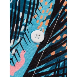 Camisa Feminina com Estampa de Folhas Tropicais - Azul Vibrante e Rosa, Manga Curta para Praia, Tecido Leve e Não Elástico, Ideal para Primavera e Verão, Roupas Casuais