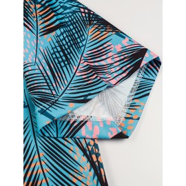 Camisa Feminina com Estampa de Folhas Tropicais - Azul Vibrante e Rosa, Manga Curta para Praia, Tecido Leve e Não Elástico, Ideal para Primavera e Verão, Roupas Casuais