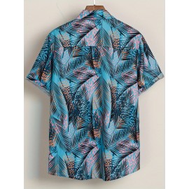 Camisa Feminina com Estampa de Folhas Tropicais - Azul Vibrante e Rosa, Manga Curta para Praia, Tecido Leve e Não Elástico, Ideal para Primavera e Verão, Roupas Casuais
