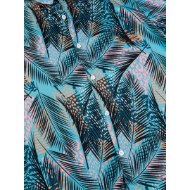 Camisa Feminina com Estampa de Folhas Tropicais - Azul Vibrante e Rosa, Manga Curta para Praia, Tecido Leve e Não Elástico, Ideal para Primavera e Verão, Roupas Casuais