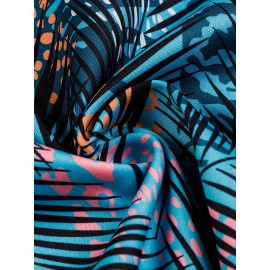Camisa Feminina com Estampa de Folhas Tropicais - Azul Vibrante e Rosa, Manga Curta para Praia, Tecido Leve e Não Elástico, Ideal para Primavera e Verão, Roupas Casuais