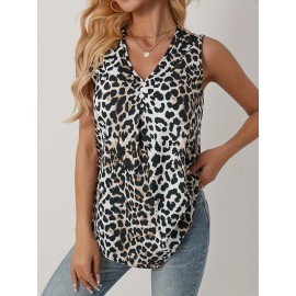 Blusa sem mangas de verão para mulheres com decote em V e estampado de leopardo - Estilo casual com bolsos, tecido leve para o tempo quente, atuário casual|Blusa com decote em V|Tecido leve