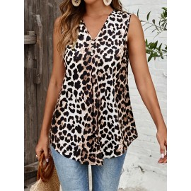 Blusa sem mangas de verão para mulheres com decote em V e estampado de leopardo - Estilo casual com bolsos, tecido leve para o tempo quente, atuário casual|Blusa com decote em V|Tecido leve