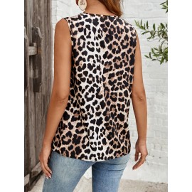Blusa sem mangas de verão para mulheres com decote em V e estampado de leopardo - Estilo casual com bolsos, tecido leve para o tempo quente, atuário casual|Blusa com decote em V|Tecido leve
