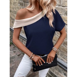 Top elegante de alças assimétricas com bloco de cores para mulher - Azul marinho e creme, decote em V, ajuste amplo nos ombros, perfeito para primavera/verão, atitude casual e elegante|Top estilo capa|Design assimétrico
