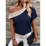 Top elegante de alças assimétricas com bloco de cores para mulher - Azul marinho e creme, decote em V, ajuste amplo nos ombros, perfeito para primavera/verão, atitude casual e elegante|Top estilo capa|Design assimétrico