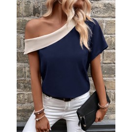 Top elegante de alças assimétricas com bloco de cores para mulher - Azul marinho e creme, decote em V, ajuste amplo nos ombros, perfeito para primavera/verão, atitude casual e elegante|Top estilo capa|Design assimétrico
