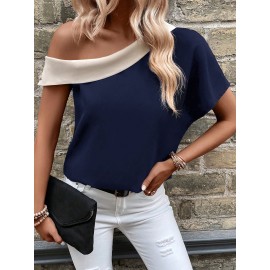 Top elegante de alças assimétricas com bloco de cores para mulher - Azul marinho e creme, decote em V, ajuste amplo nos ombros, perfeito para primavera/verão, atitude casual e elegante|Top estilo capa|Design assimétrico