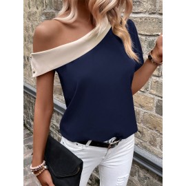 Top elegante de alças assimétricas com bloco de cores para mulher - Azul marinho e creme, decote em V, ajuste amplo nos ombros, perfeito para primavera/verão, atitude casual e elegante|Top estilo capa|Design assimétrico