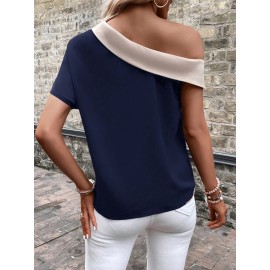 Top elegante de alças assimétricas com bloco de cores para mulher - Azul marinho e creme, decote em V, ajuste amplo nos ombros, perfeito para primavera/verão, atitude casual e elegante|Top estilo capa|Design assimétrico