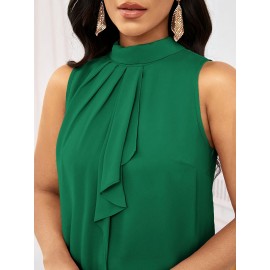 Blusa elegante de manga sem mangas com folhos verdes para mulheres - Top de pescoço redondo de cor sólida versátil, perfeito para o verão, de casual a formal, top de verão casual | Blusa de manga folgada | Tecido de textura suave