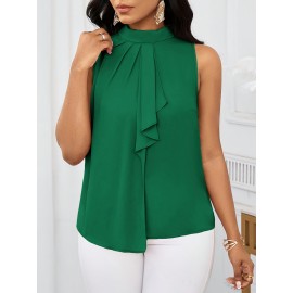 Blusa elegante de manga sem mangas com folhos verdes para mulheres - Top de pescoço redondo de cor sólida versátil, perfeito para o verão, de casual a formal, top de verão casual | Blusa de manga folgada | Tecido de textura suave
