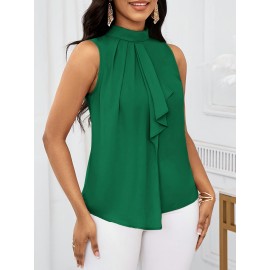 Blusa elegante de manga sem mangas com folhos verdes para mulheres - Top de pescoço redondo de cor sólida versátil, perfeito para o verão, de casual a formal, top de verão casual | Blusa de manga folgada | Tecido de textura suave