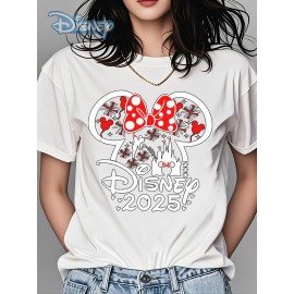 Camiseta Oficial Disney Minnie Mouse Feminina - Algodão Macio com Laço Vermelho e Estampa de Cogumelo - Roupa Leve para Festas, Presente de Aniversário, Moda Casual Verão, Tecido Respirável, Merchandise Oficial da Disney para Adultos