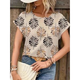 Blusa de manga curta com estampa de folhas elegantes para mulheres - Decote redondo casual, top de poliéster leve para primavera/verão, perfeito para atuário casual, top de verão casual | Design de manga elegante | Tecido leve