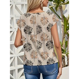 Blusa de manga curta com estampa de folhas elegantes para mulheres - Decote redondo casual, top de poliéster leve para primavera/verão, perfeito para atuário casual, top de verão casual | Design de manga elegante | Tecido leve