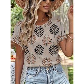 Blusa de manga curta com estampa de folhas elegantes para mulheres - Decote redondo casual, top de poliéster leve para primavera/verão, perfeito para atuário casual, top de verão casual | Design de manga elegante | Tecido leve