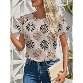 Blusa de manga curta com estampa de folhas elegantes para mulheres - Decote redondo casual, top de poliéster leve para primavera/verão, perfeito para atuário casual, top de verão casual | Design de manga elegante | Tecido leve