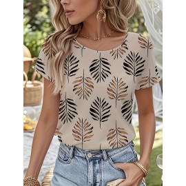 Blusa de manga curta com estampa de folhas elegantes para mulheres - Decote redondo casual, top de poliéster leve para primavera/verão, perfeito para atuário casual, top de verão casual | Design de manga elegante | Tecido leve