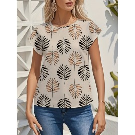 Blusa de manga curta com estampa de folhas elegantes para mulheres - Decote redondo casual, top de poliéster leve para primavera/verão, perfeito para atuário casual, top de verão casual | Design de manga elegante | Tecido leve