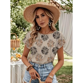 Blusa de manga curta com estampa de folhas elegantes para mulheres - Decote redondo casual, top de poliéster leve para primavera/verão, perfeito para atuário casual, top de verão casual | Design de manga elegante | Tecido leve
