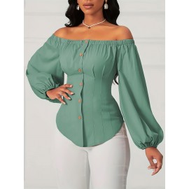 Camisa de botão de cor sólida com ombros descobertos para mulheres, com plissados no peito, mangas compridas