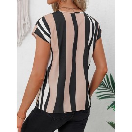 Blusa de gola V a rayas com bloco de cor, blusa elegante de manga curta para a primavera e o verão, roupa de mulher