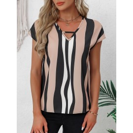 Blusa de gola V a rayas com bloco de cor, blusa elegante de manga curta para a primavera e o verão, roupa de mulher