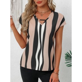 Blusa de gola V a rayas com bloco de cor, blusa elegante de manga curta para a primavera e o verão, roupa de mulher
