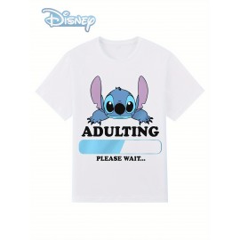 T-shirt de mulher Disney Stitch - Top casual de manga curta com decote redondo, t-shirt gráfica vibrante azul e branca para o verão, festas, e leve e confortável, perfeito para fãs de desenhos animados, camisa Disney
