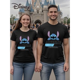 T-shirt de mulher Disney Stitch - Top casual de manga curta com decote redondo, t-shirt gráfica vibrante azul e branca para o verão, festas, e leve e confortável, perfeito para fãs de desenhos animados, camisa Disney