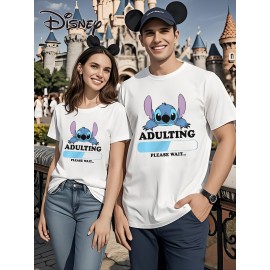 T-shirt de mulher Disney Stitch - Top casual de manga curta com decote redondo, t-shirt gráfica vibrante azul e branca para o verão, festas, e leve e confortável, perfeito para fãs de desenhos animados, camisa Disney
