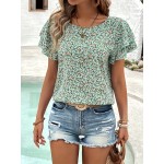Blusa de verão feminina com estampa floral de dupla manga - Gola redonda casual, manga curta, camisa de poliéster leve para piscina e vestuário casual, blusa de senhora
