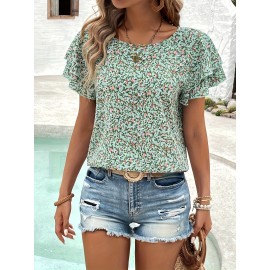 Blusa de verão feminina com estampa floral de dupla manga - Gola redonda casual, manga curta, camisa de poliéster leve para piscina e vestuário casual, blusa de senhora